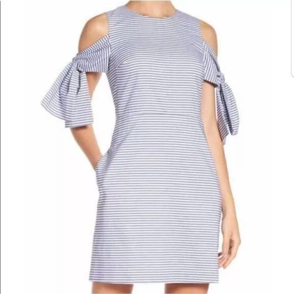 NWT CHELSEA28 Blue and White Striped Cold Shoulder A-Line Dress - Size: 6